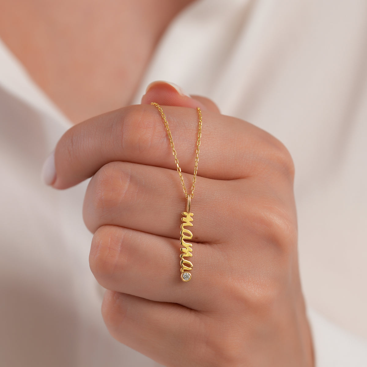 14K Gold Mama Charm, Vertical Script Pendant, New Mom Lab Diamond Accent Charm, Mother's Day Jewelry, Gift for Her