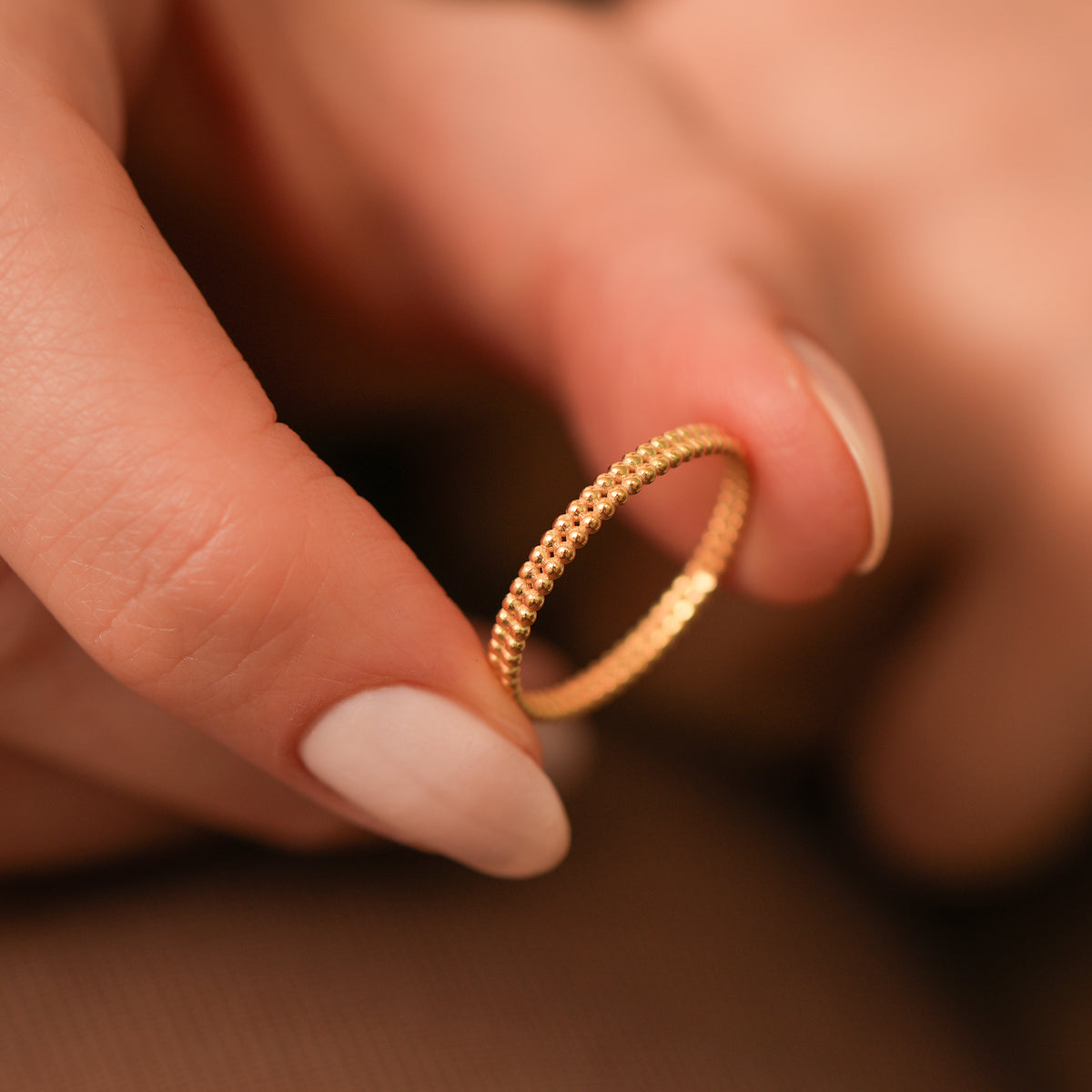 14K Gold Beaded Ring, Double Row Textured Band, Minimalist Stacking Ring, Solid Gold Everyday Ring, Gift for Her