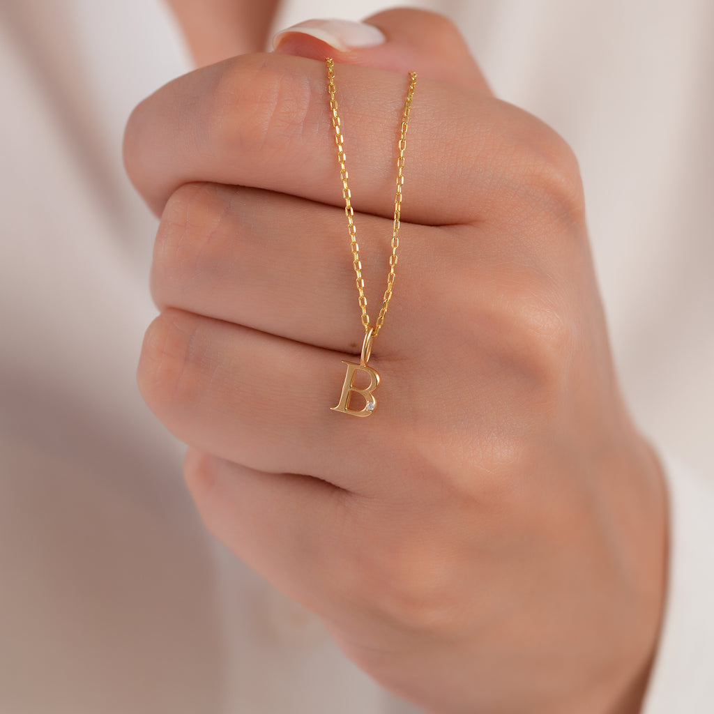 14K Gold Letter Charm with Single Lab Diamond Accent, Solid Initial Pendant, Personalized Alphabet Charm A-Z, Dainty Letter Jewelry