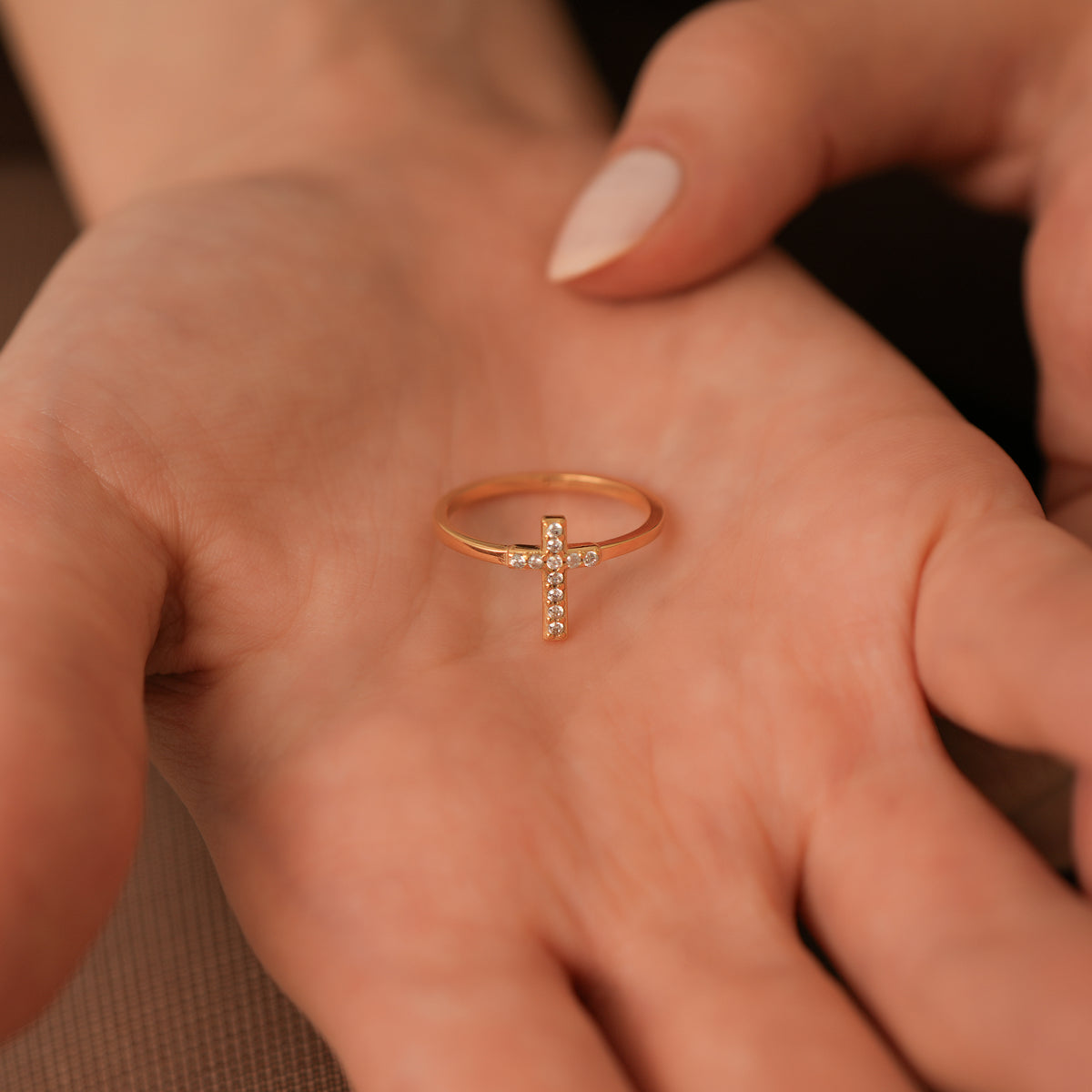 14K Gold Sideways Cross Ring, Pave Lab Diamond Cross Band, Faith Stacking Ring, Christian Jewelry, Gift for Her