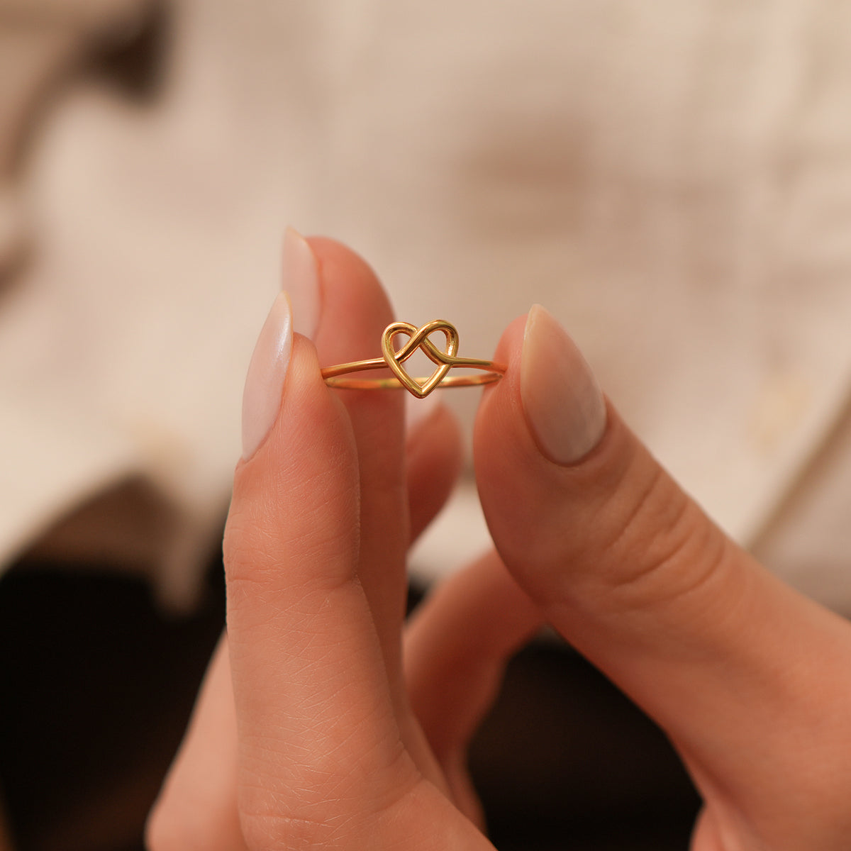 14K Gold Open Heart Ring, Knotted Heart Design, Dainty Love Ring, Minimalist Stacking Ring, Gift for Her