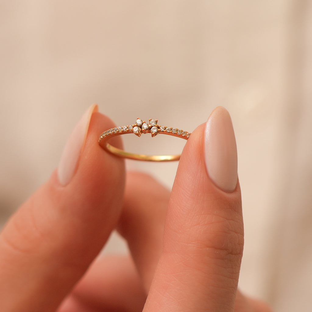 14K Gold Lab Diamond Cluster Ring, Pave Band Stacking Ring, Dainty Sparkle Ring, Delicate Statement Ring, Gift for Her