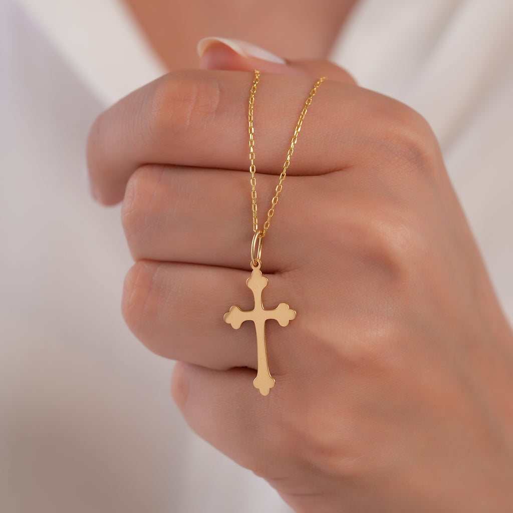 14K Solid Gold Budded Cross Charm, Trefoil Cross Pendant, Orthodox Style Faith Charm, Baptism Confirmation Gift, Gift for Her