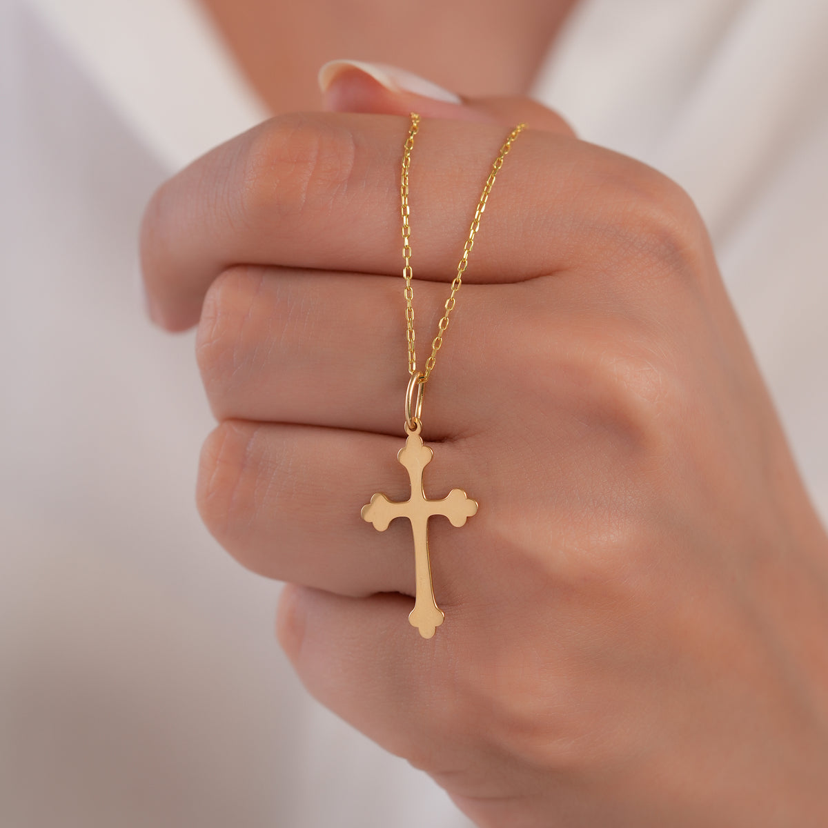 14K Solid Gold Budded Cross Charm, Trefoil Cross Pendant, Orthodox Style Faith Charm, Baptism Confirmation Gift, Gift for Her