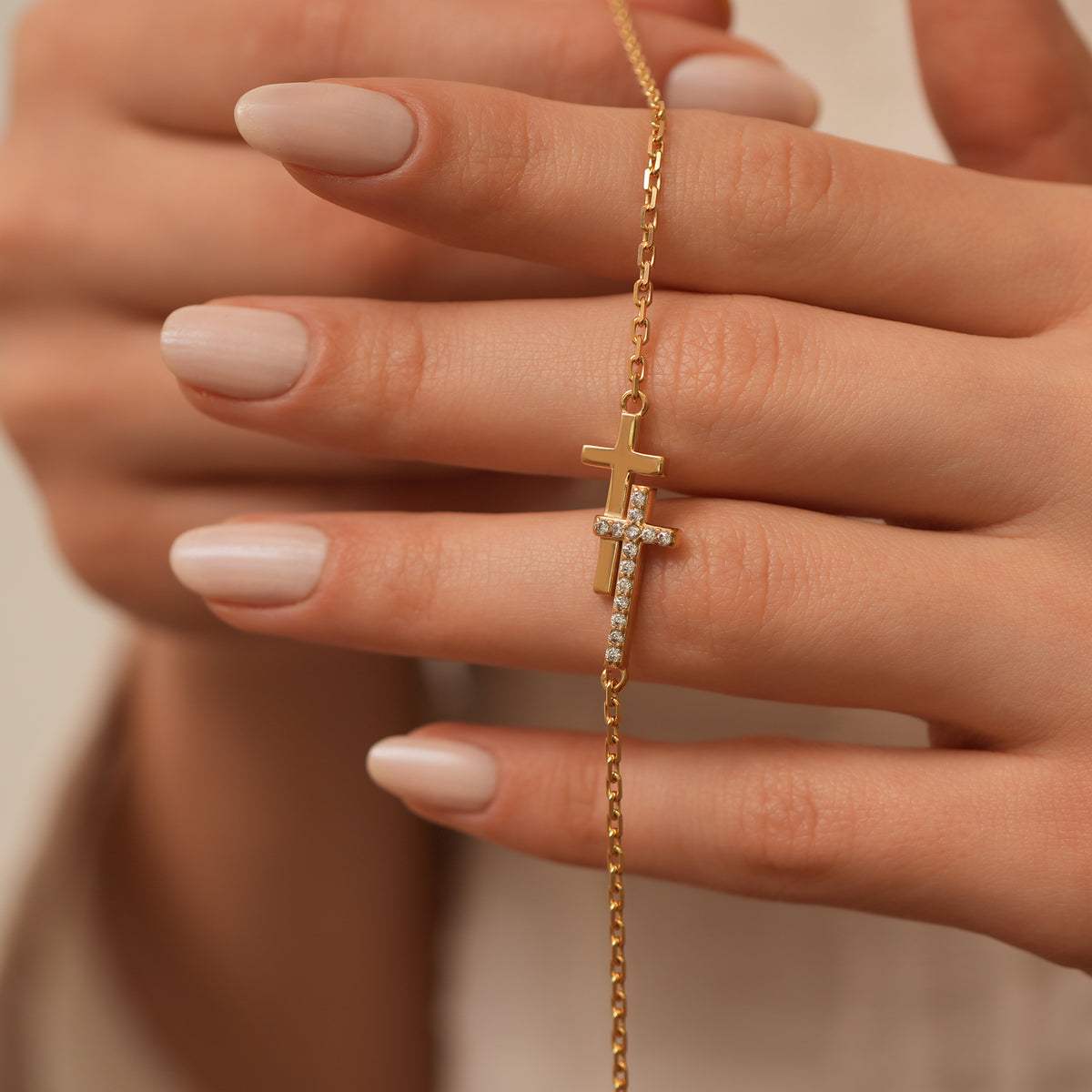 14K Gold Double Cross Bracelet, Pave Lab Diamond Layered Cross Chain Bracelet, Modern Faith Jewelry, Gift for Her