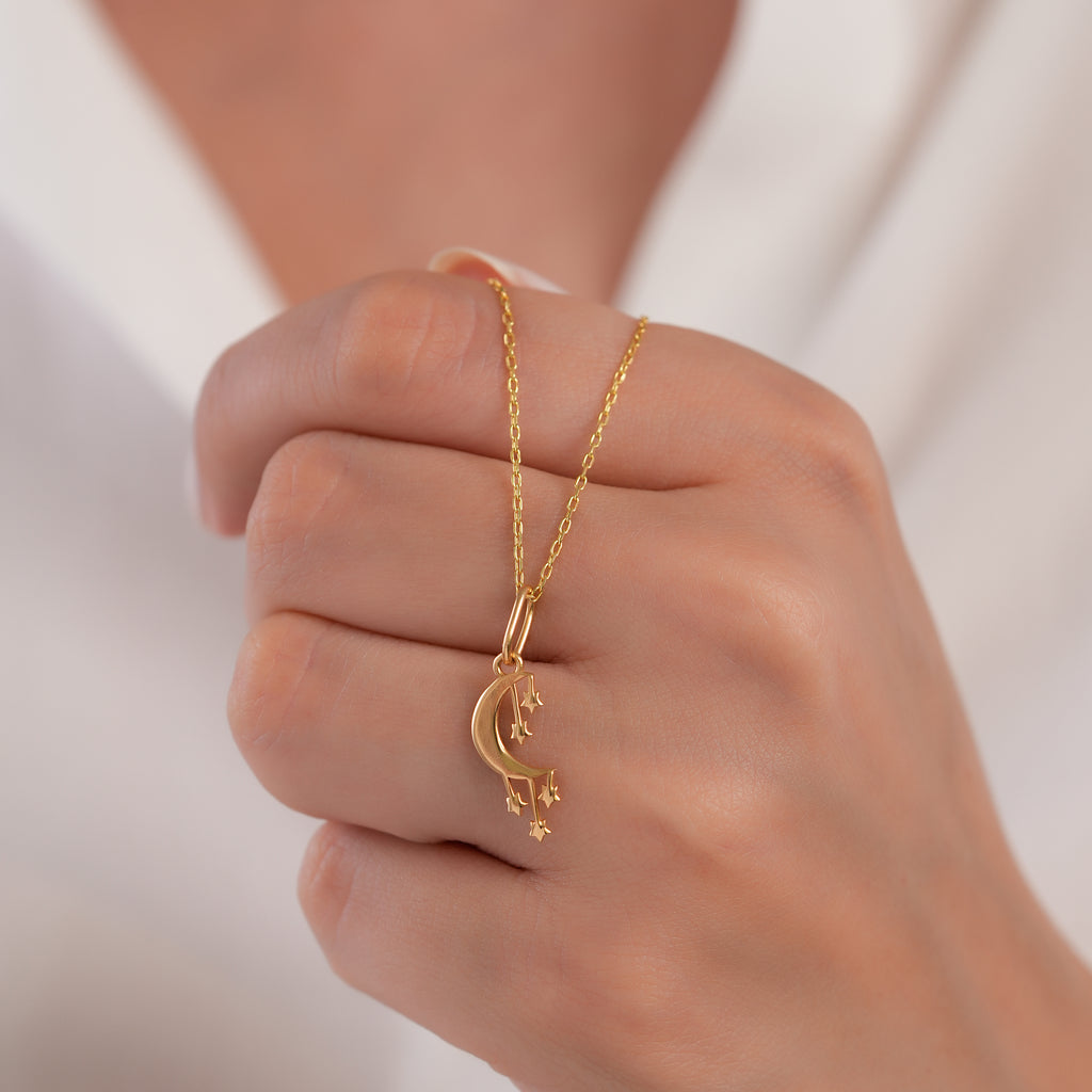 14K Gold Crescent Moon Charm, Dangling Stars Pendant, Celestial Mobile Charm, Whimsical Sky Jewelry, Gift for Her
