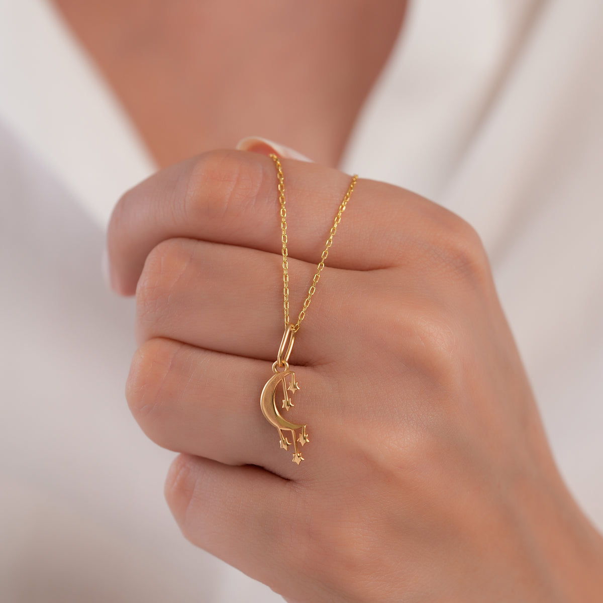14K Gold Crescent Moon Charm, Dangling Stars Pendant, Celestial Mobile Charm, Whimsical Sky Jewelry, Gift for Her