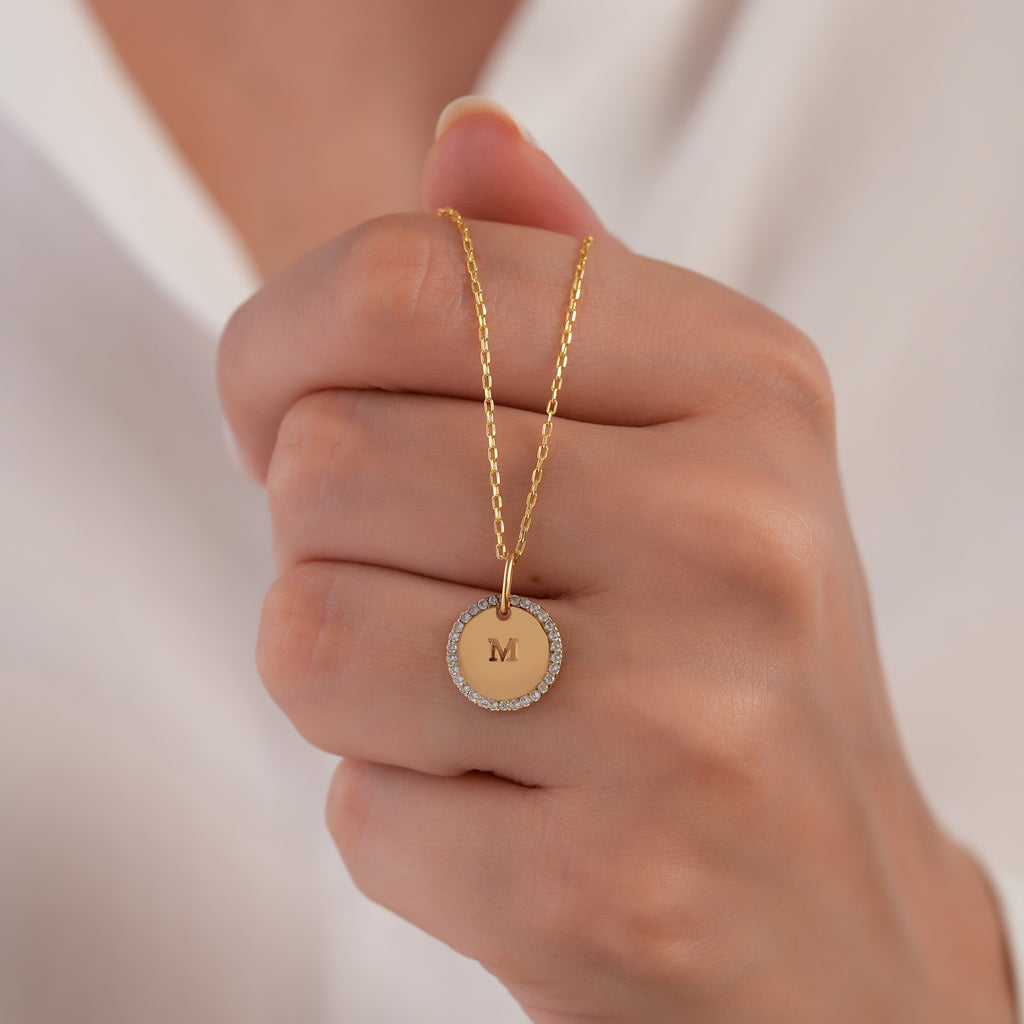14K Gold Initial Disc Charm, Pave Lab Diamond Halo Letter Coin Pendant, Personalized Alphabet Charm A-Z, Engraved Medallion Jewelry
