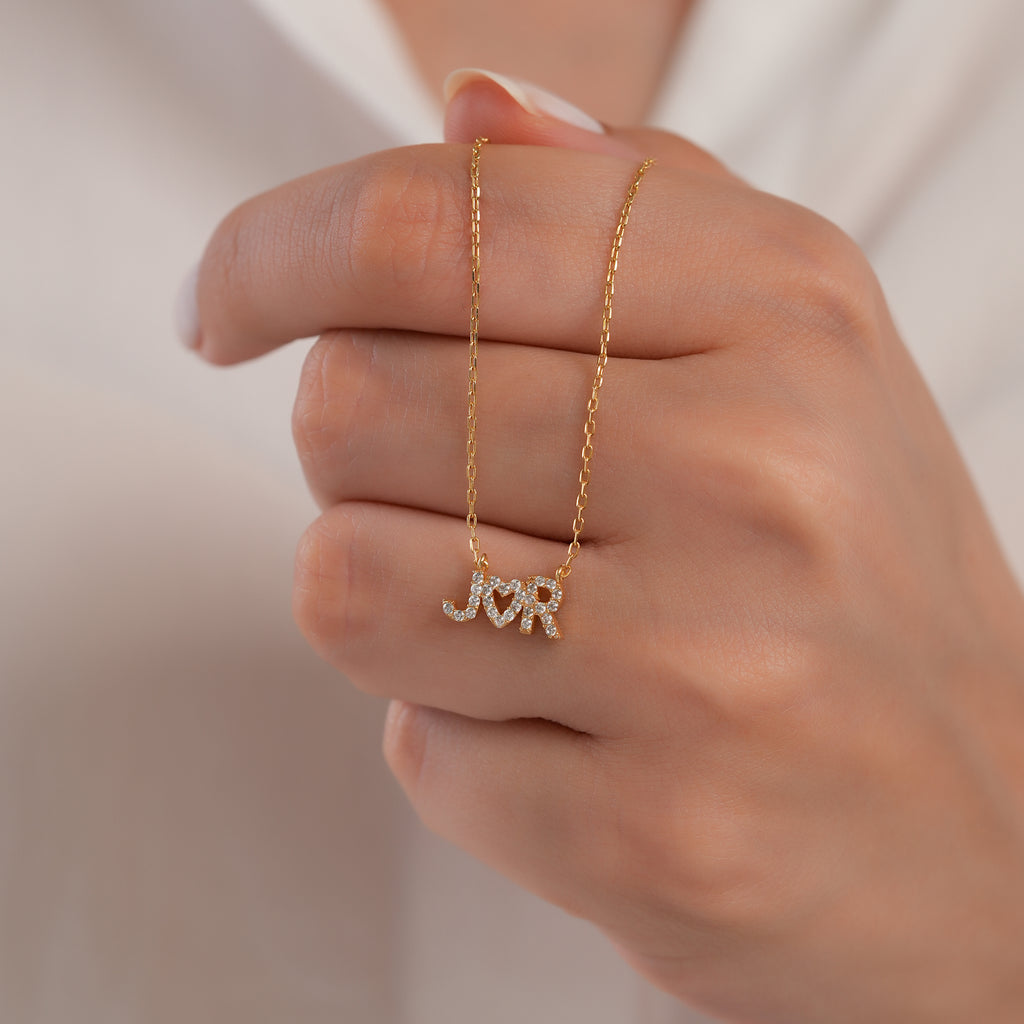 14K Gold Custom Initial Necklace, Lab Diamond Letter Heart Pendant, Personalized Couple Necklace, Gift for Her