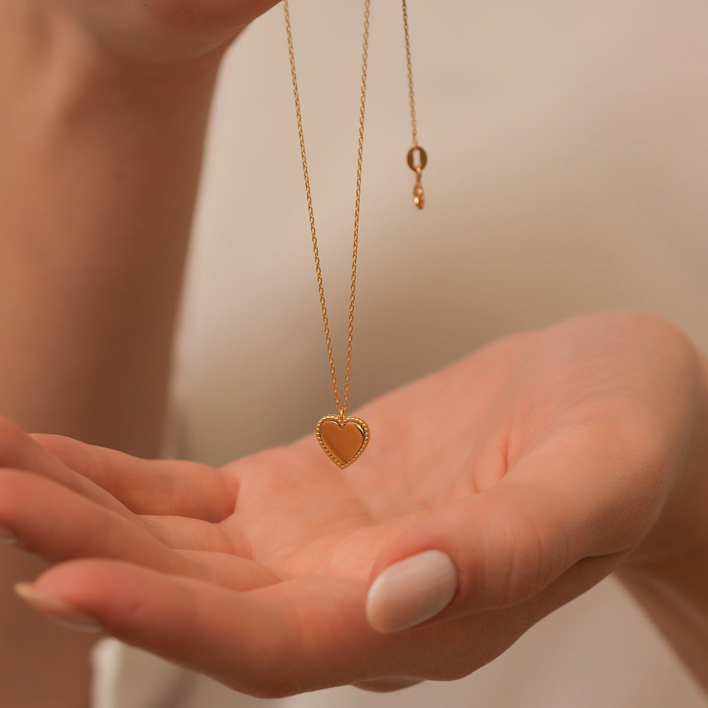 14K Gold Beaded Heart Necklace, Polished Heart with Beaded Frame Pendant, Classic Charm, Gift for Her