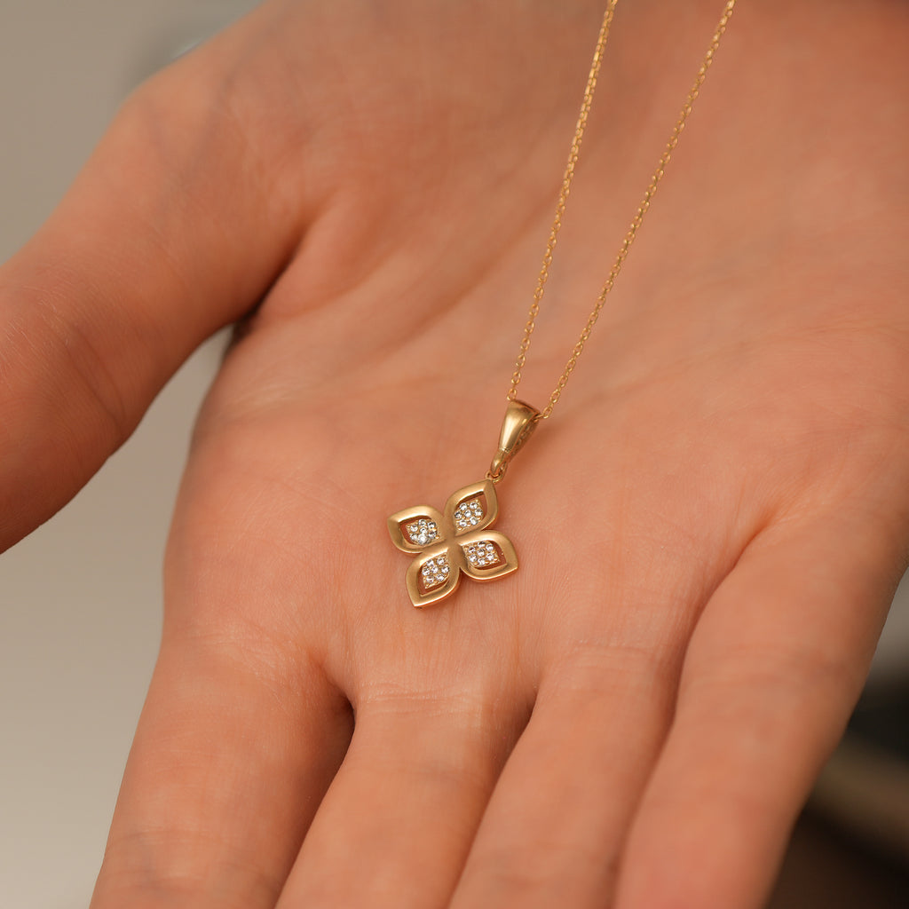14K Gold Lab Diamond Flower Necklace, Four Petal Clover Pendant, Sparkling Floral Charm, Gift for Her