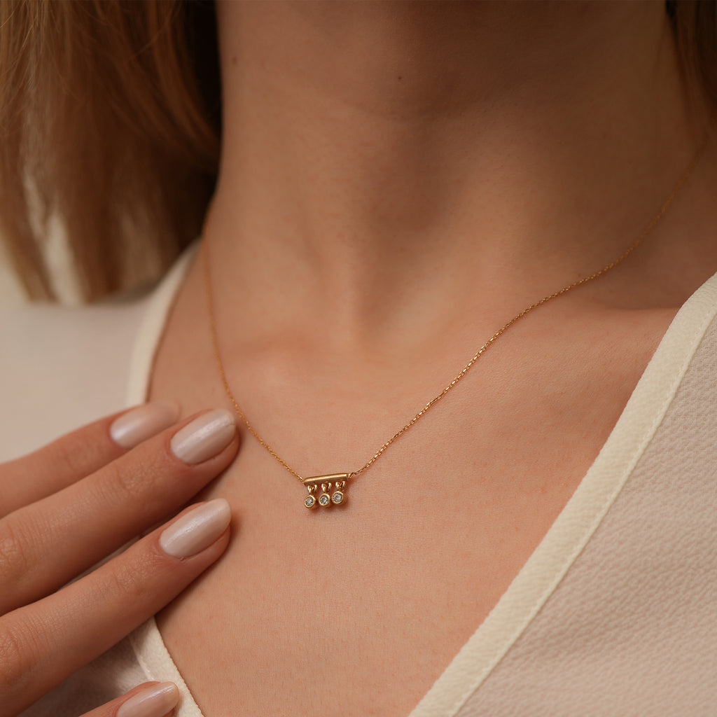 14K Gold Bar Necklace with Lab Diamond Drops, Triple Dangle Diamond Charm, Modern Bezel Set Pendant, Gift for Her