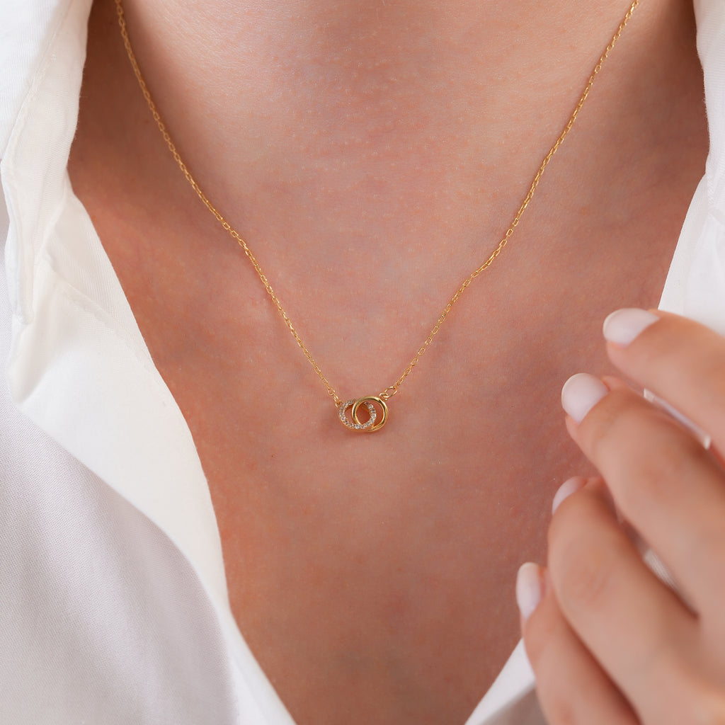 14K Gold Interlocking Circle Necklace, Lab Diamond Double Ring Pendant, Linked Circles Charm, Gift for Her