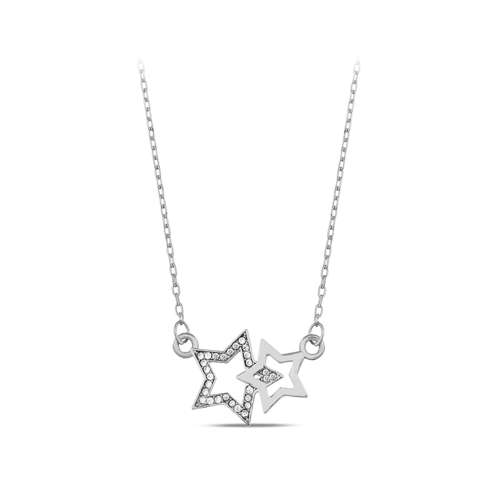 14K Gold Double Star Necklace, Lab Diamond Star Cluster Pendant, Celestial Charm, Gift for Her