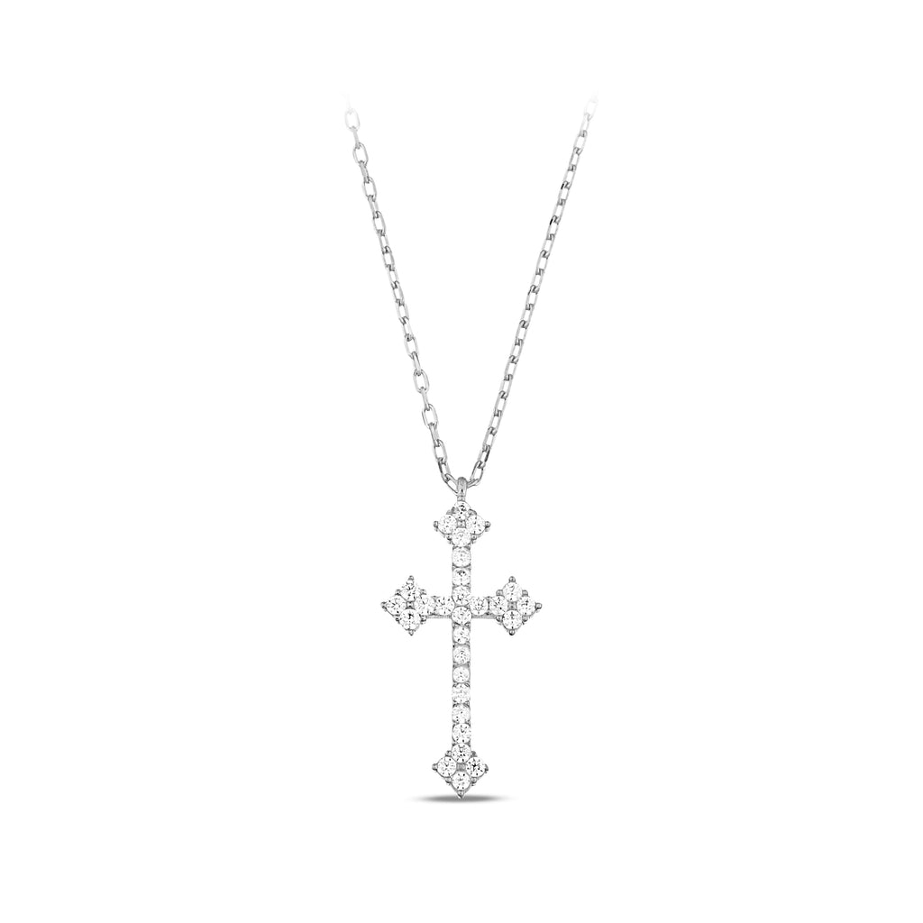 14K Gold Budded Cross Necklace, Ornate Lab Diamond Cross Pendant, Gothic Vintage Style Faith Jewelry