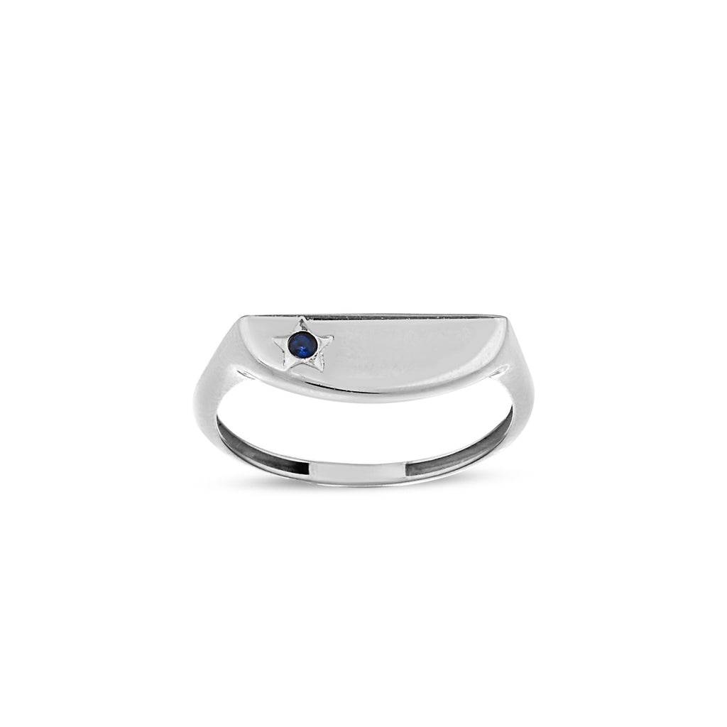 14K Gold Star Signet Ring, Blue Sapphire Accent Ring, Modern Flat Top Ring, Unisex Signet Style, Gift for Her