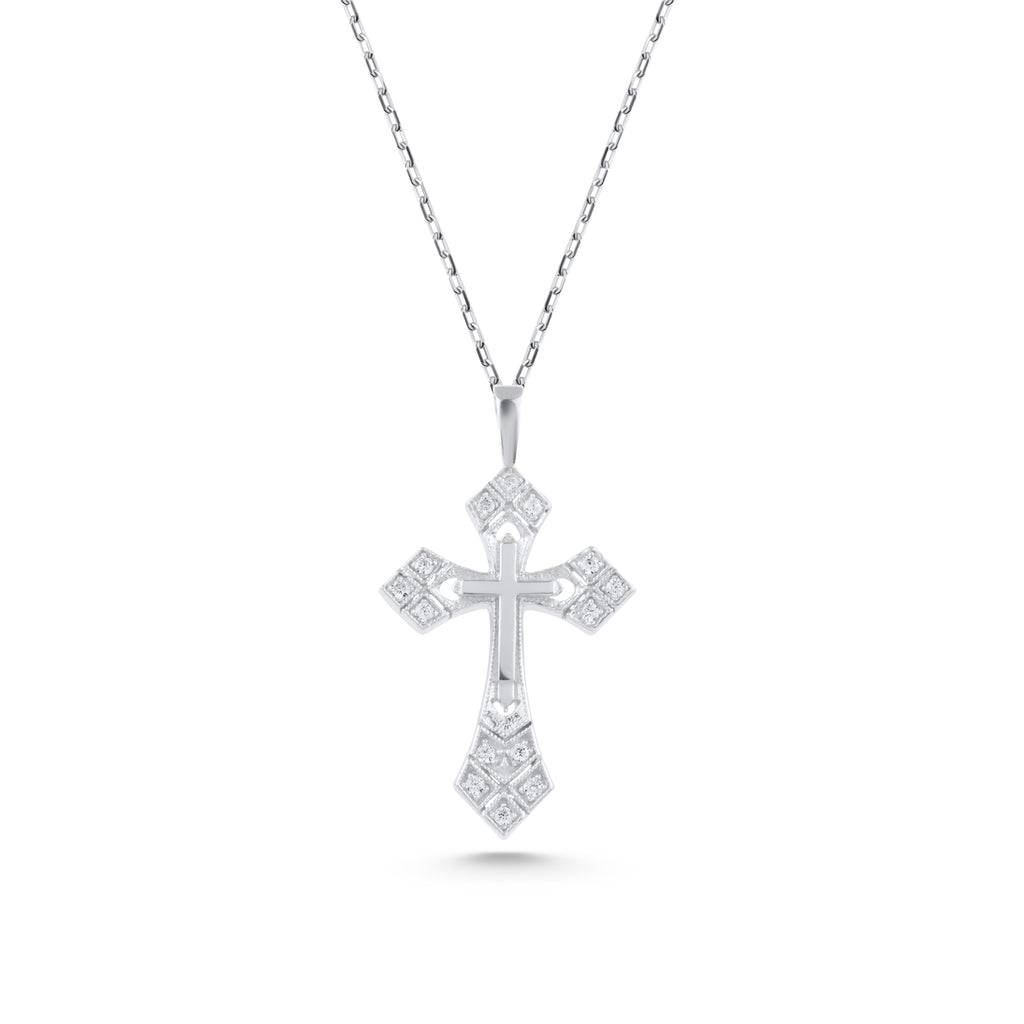14K Gold Lab Diamond Cross Necklace, Ornate Studded Cross Pendant, Baroque Style Charm, Faith Gift for Her