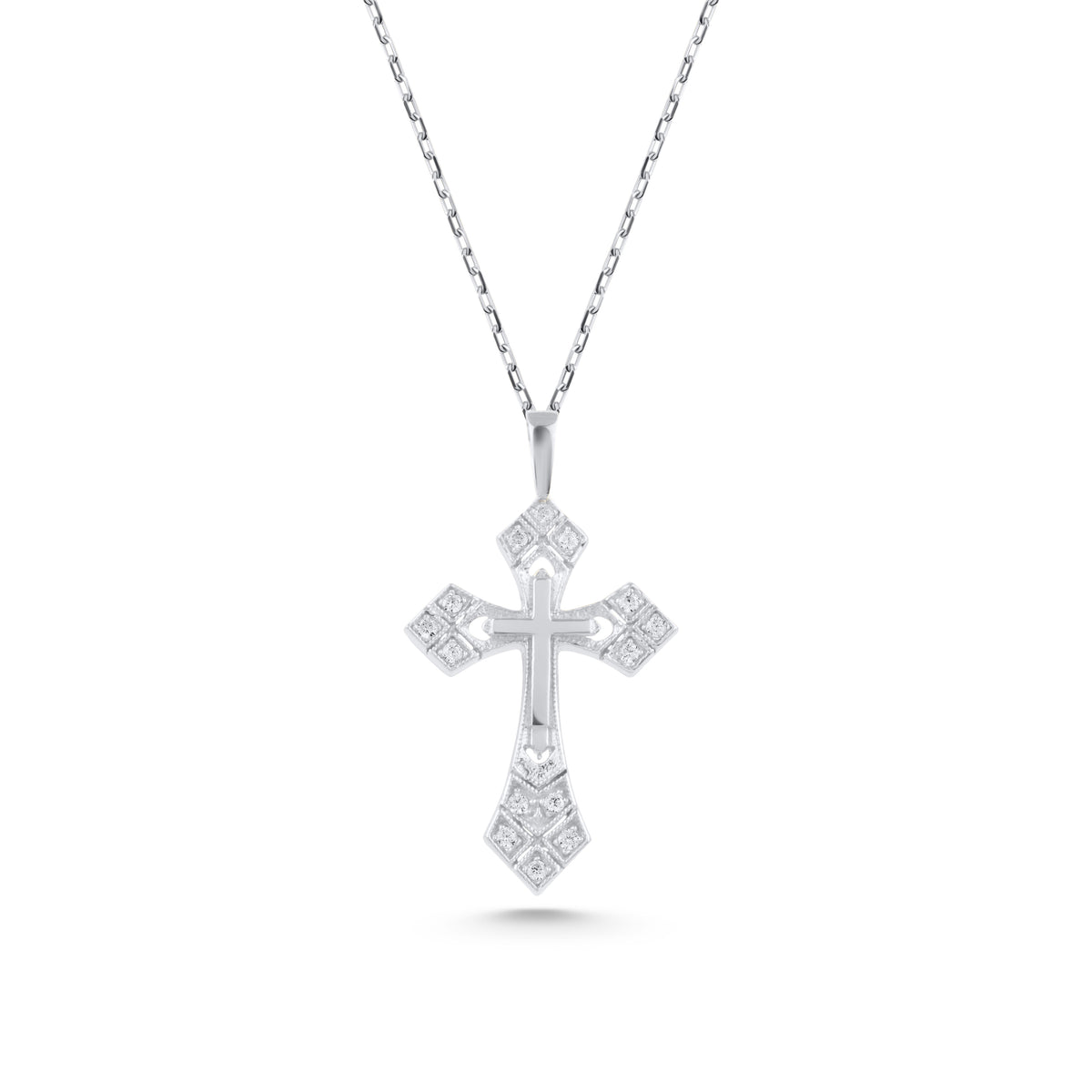 14K Gold Lab Diamond Cross Necklace, Ornate Studded Cross Pendant, Baroque Style Charm, Faith Gift for Her
