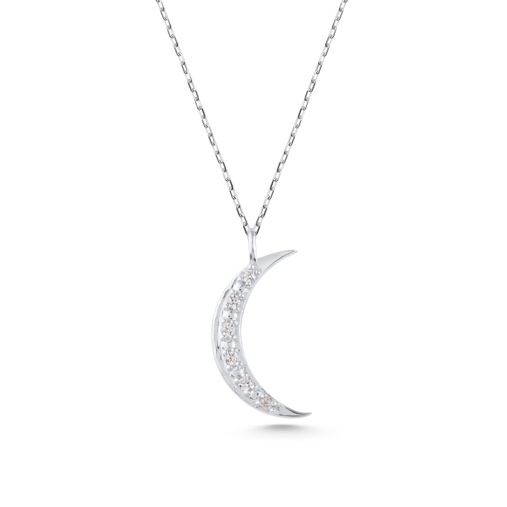 14K Gold Crescent Moon Necklace, Lab Diamond Pave Moon Pendant, Celestial Charm, Dainty Gift for Her