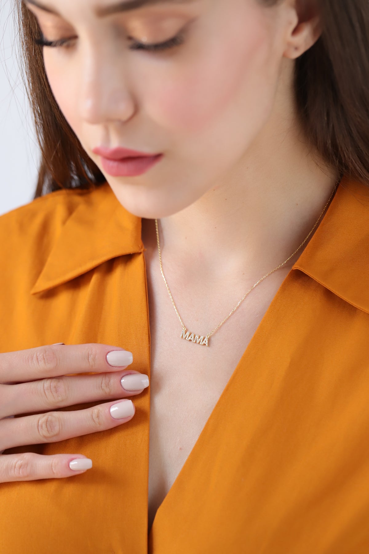 14K Gold Pave Mama Necklace, Lab Diamond Block Letter Nameplate, Sparkling Mama Charm, Mother's Day Gift for Her