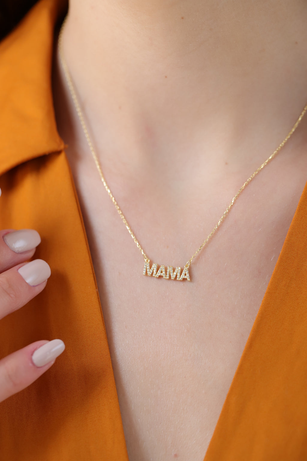 14K Gold Pave Mama Necklace, Lab Diamond Block Letter Nameplate, Sparkling Mama Charm, Mother's Day Gift for Her