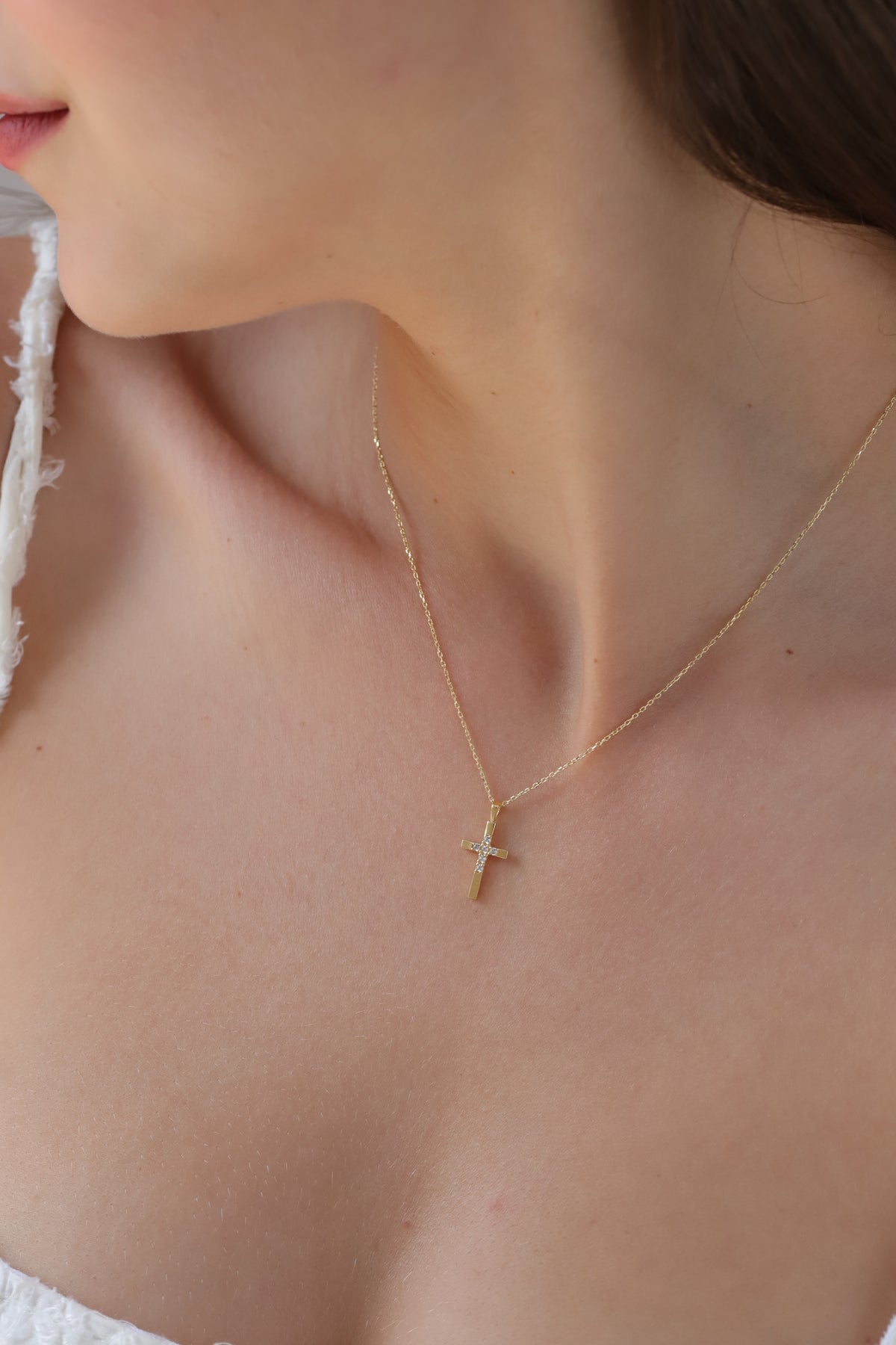 14K Gold Half Pave Cross Necklace, Lab Diamond Center Cross Pendant, Two-Tone Design Charm, Gift for Her