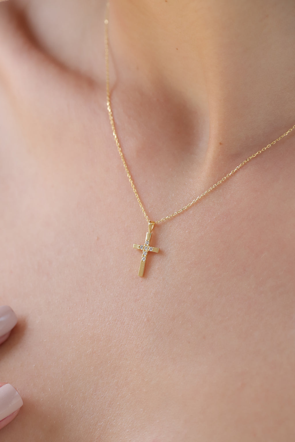 14K Gold Half Pave Cross Necklace, Lab Diamond Center Cross Pendant, Two-Tone Design Charm, Gift for Her