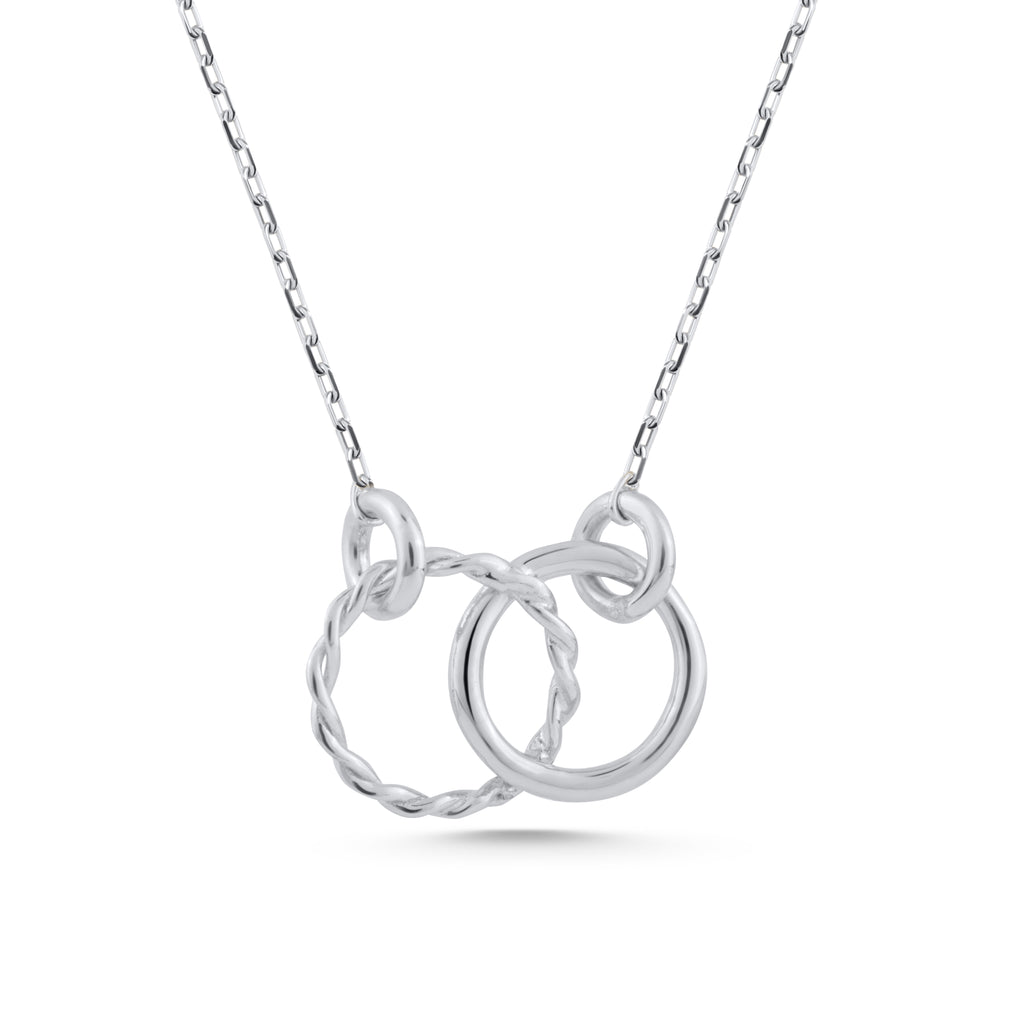 14K Gold Interlocking Circle Necklace, Twisted Rope Double Ring Pendant, Textured Two Circle Charm, Gift for Her
