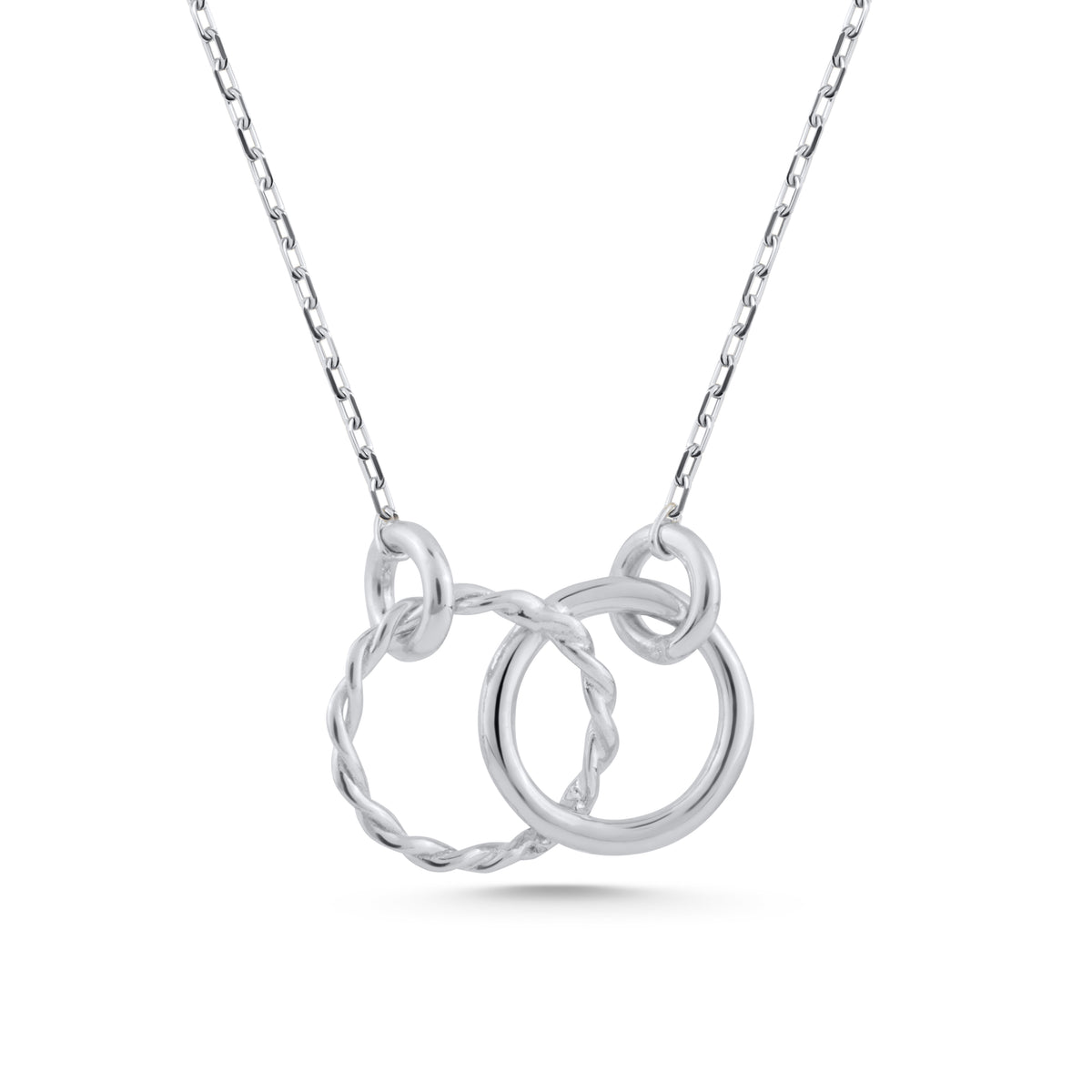 14K Gold Interlocking Circle Necklace, Twisted Rope Double Ring Pendant, Textured Two Circle Charm, Gift for Her