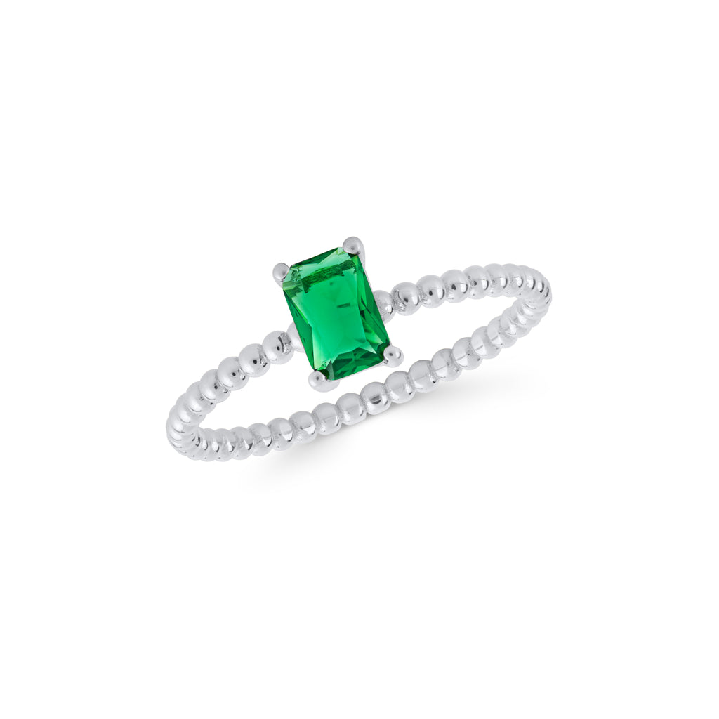 14K Gold Birthstone Ring Set, Beaded Stacking Rings, Emerald Cut Gemstone Rings, Custom Color Ring, Gift for Her