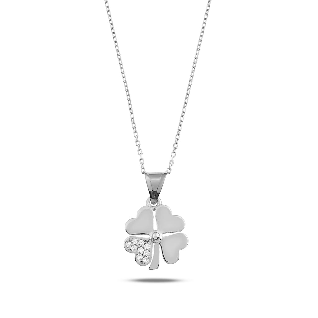 14K Gold CZ Four Leaf Clover Necklace, Pave Petal Clover Pendant, Lucky Charm, Gift for Her