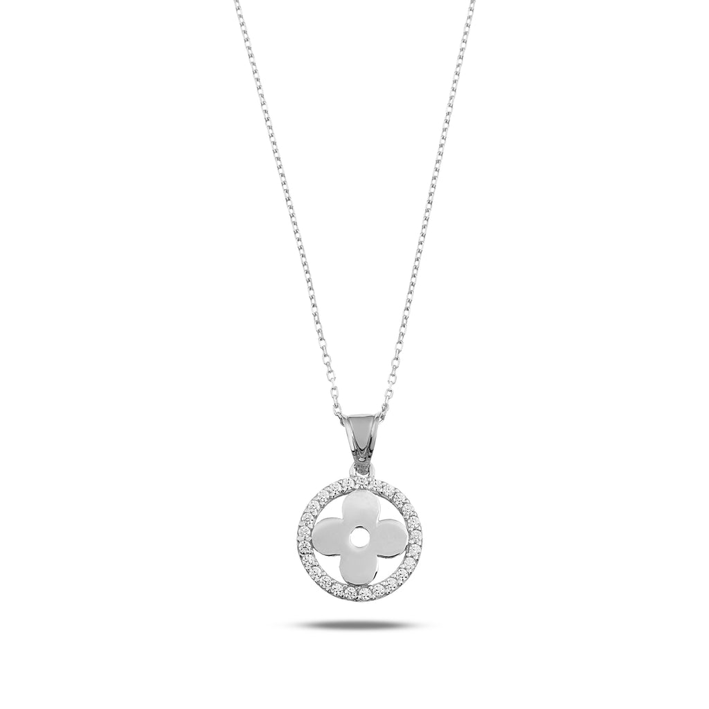 14K Gold Clover Halo Necklace, CZ Circle Frame Four Leaf Pendant, Polished Clover Charm, Gift for Her