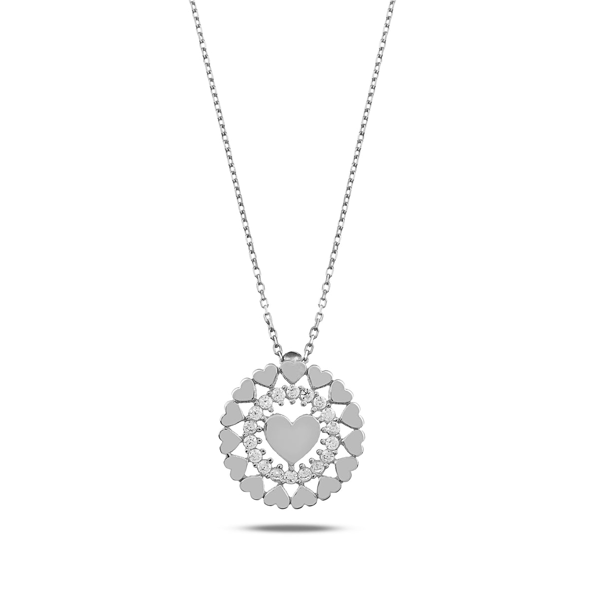 14K Gold Heart Medallion Necklace, CZ Halo Heart Coin Pendant, Layered Heart Wreath Charm, Gift for Her