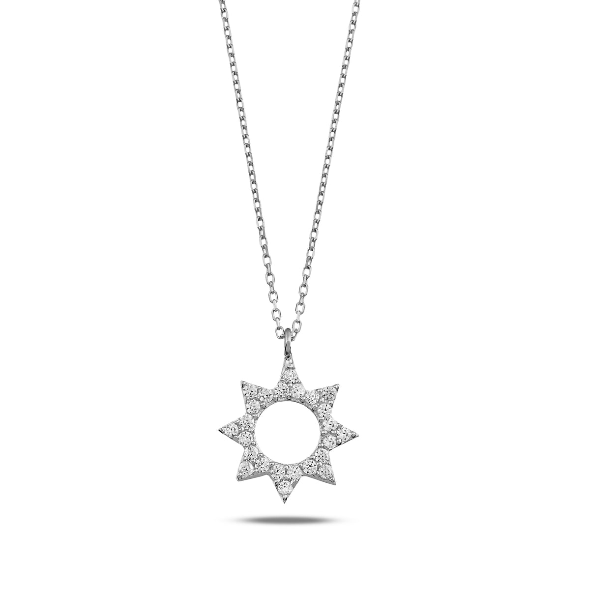 14K Gold Sun Necklace, CZ Open Circle Star Pendant, Celestial Sunburst Charm, Gift for Her