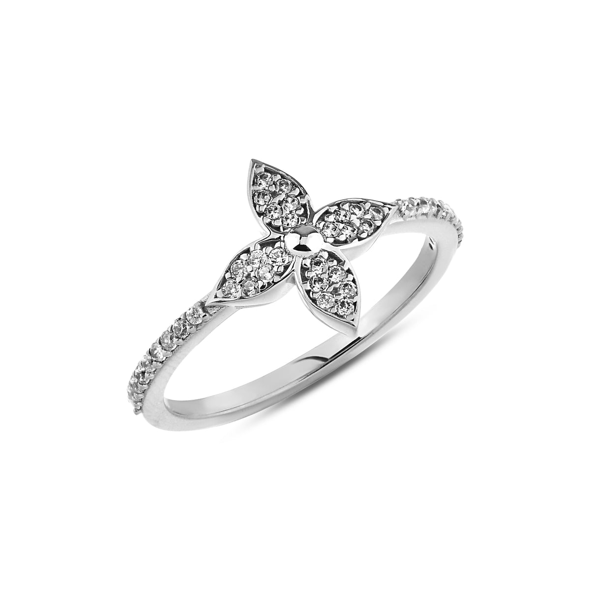 14K Gold Pave Flower Ring, Lab Diamond Clover Statement Ring, Sparkling Petal Ring, Floral Stacking Ring, Gift for Her