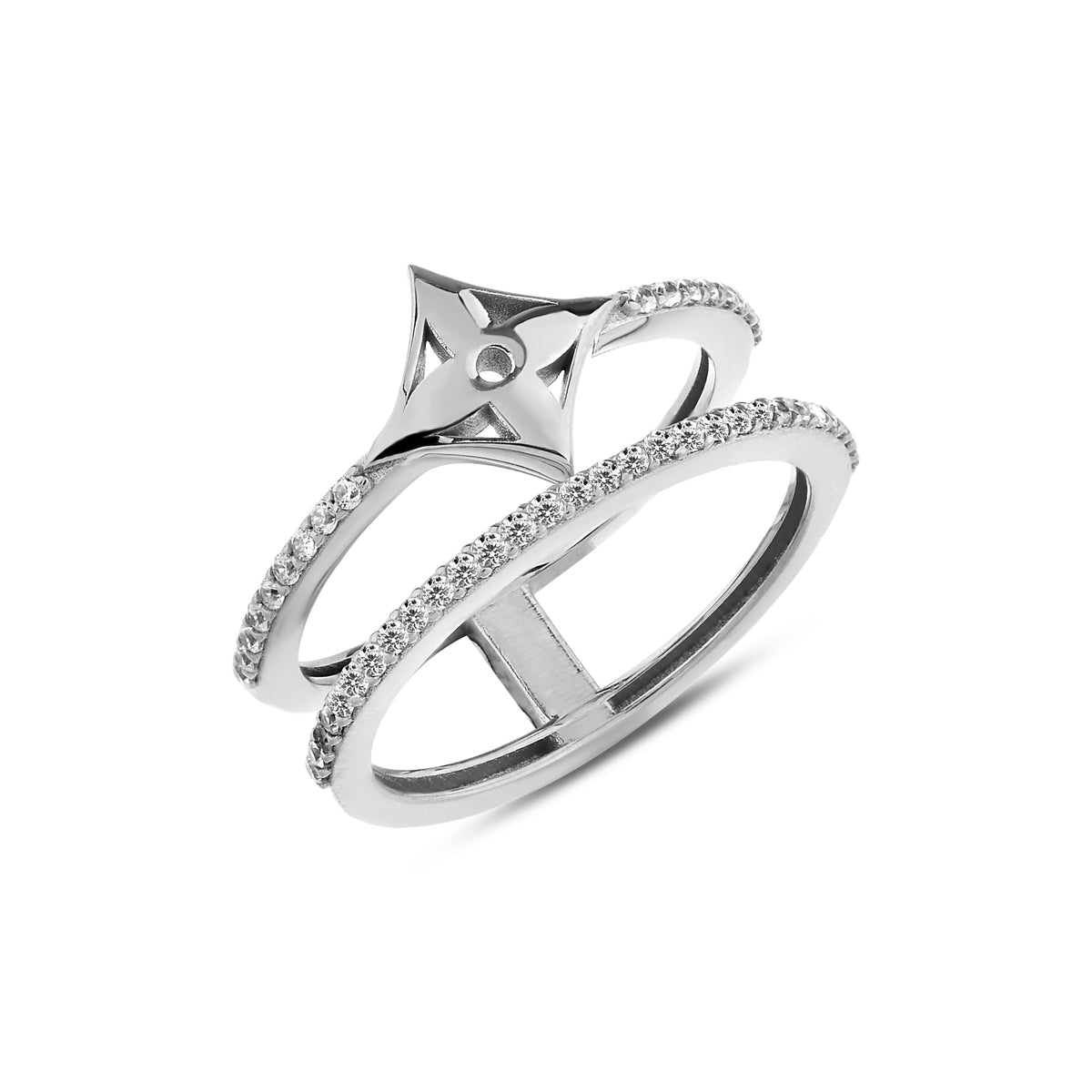 14K Gold Pave Lab Diamond Star Ring, Double Band Criss Cross Ring, Sparkling Compass Ring, Statement Stacking Ring, Gift for Her