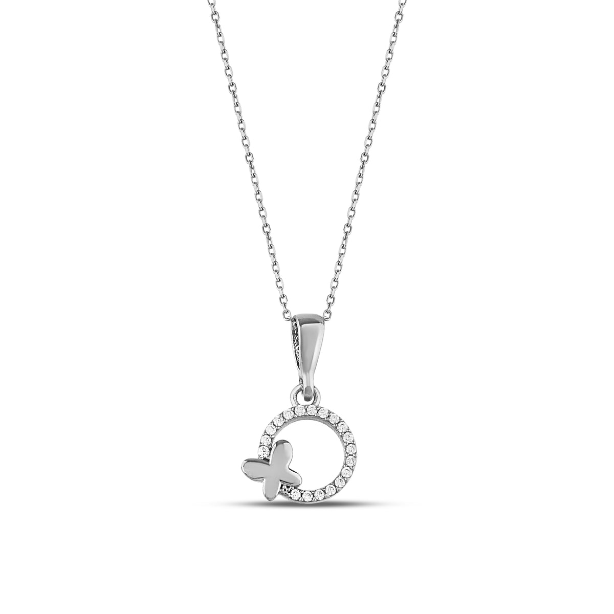 14K Gold Lab Diamond Circle Butterfly Necklace, Open Ring with Butterfly Pendant, Sparkling Charm, Gift for Her