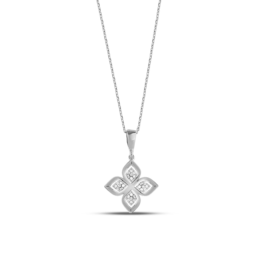 14K Gold Lab Diamond Flower Necklace, Four Petal Clover Pendant, Sparkling Floral Charm, Gift for Her