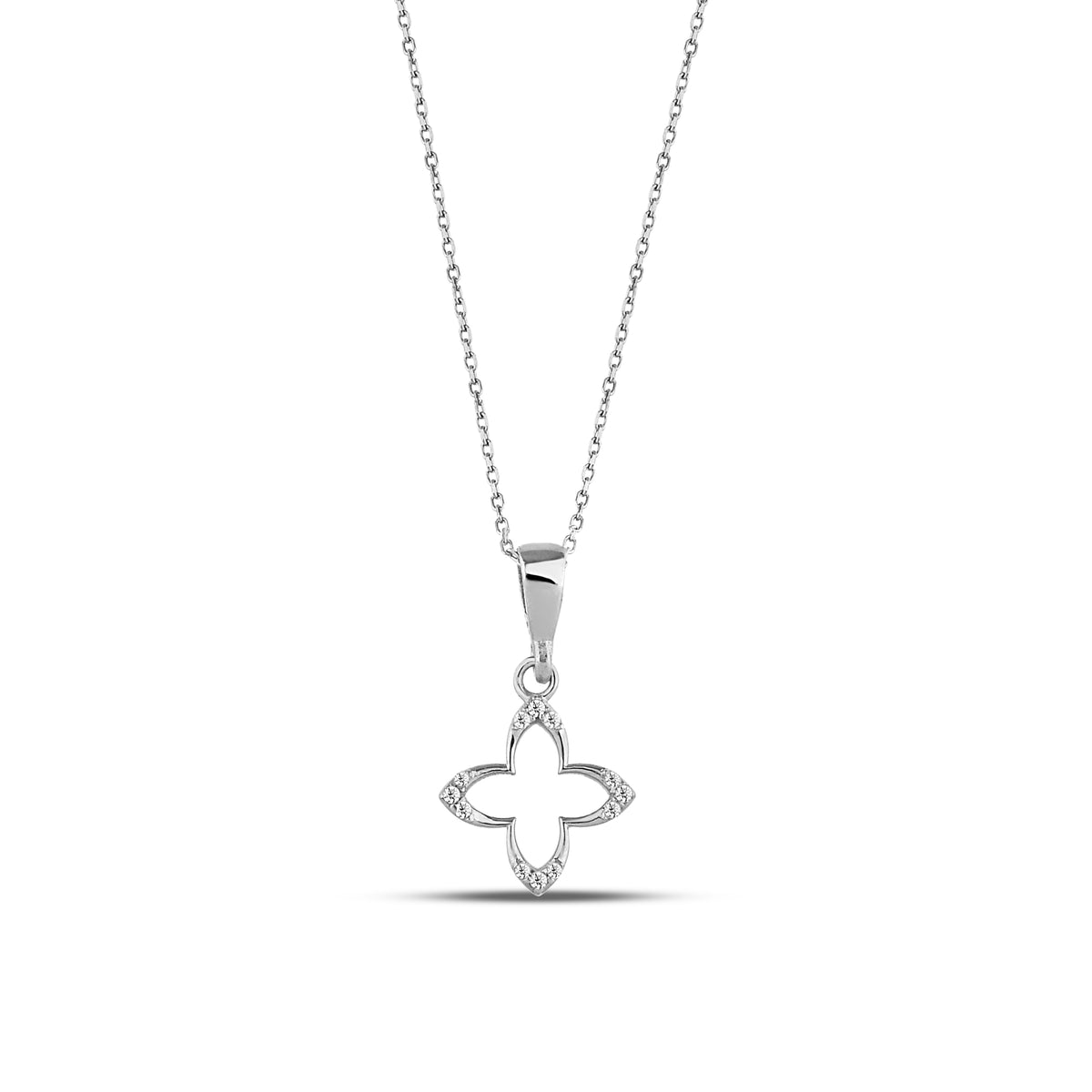 14K Gold Open Clover Necklace, Lab Diamond Accent Four Petal Pendant, Delicate Floral Charm, Gift for Her