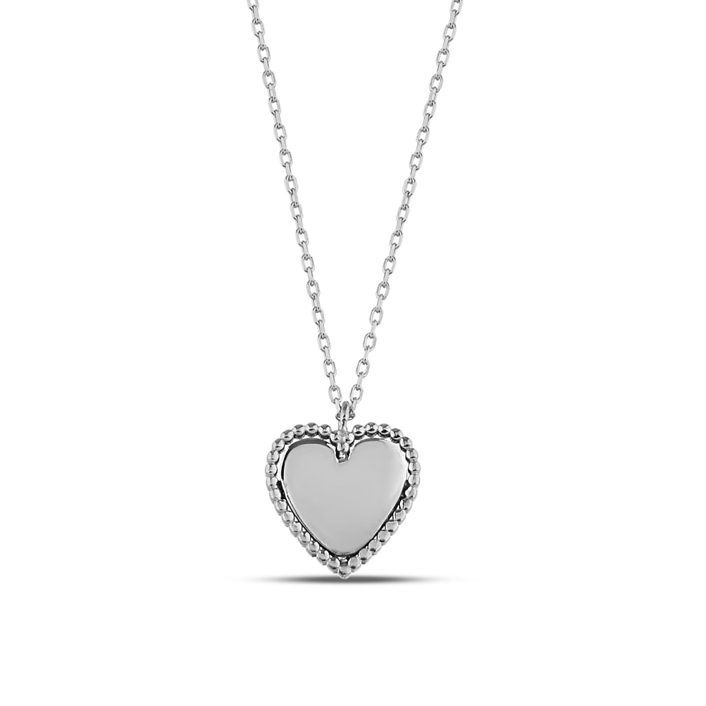 14K Gold Beaded Heart Necklace, Polished Heart with Beaded Frame Pendant, Classic Charm, Gift for Her