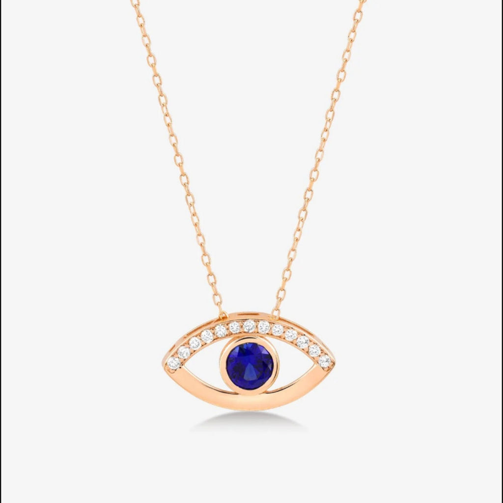 14K Gold Evil Eye Necklace, Sapphire Blue Eye Pendant, Pave Lab Diamond Protection Charm, Gift for Her