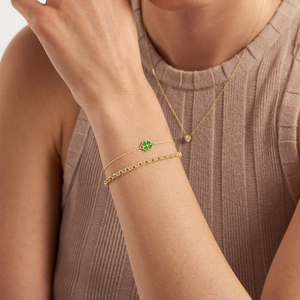 14K Gold Four Leaf Clover Bracelet, Green Enamel Lucky Charm Bracelet, Delicate Chain Bracelet, Minimalist Good Luck Jewelry