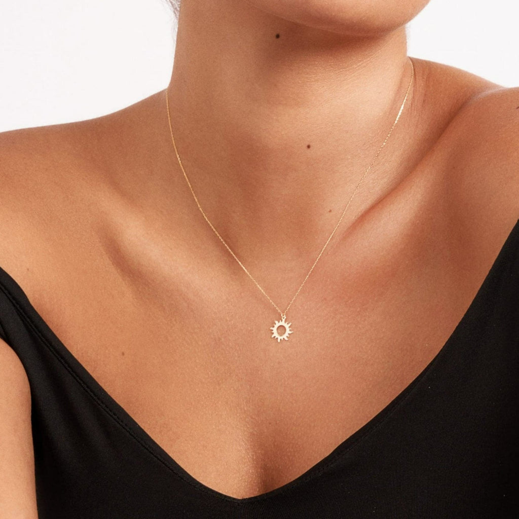 14K Gold Sun Necklace, Open Sunburst Pendant, Boho Celestial Charm, Everyday Gift for Her