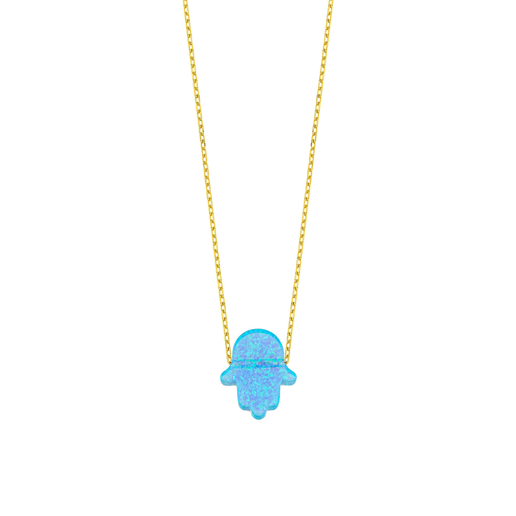 14K Gold Opal Hamsa Necklace, Blue Opal Hand Pendant, Dainty Protection Charm, Gift for Her