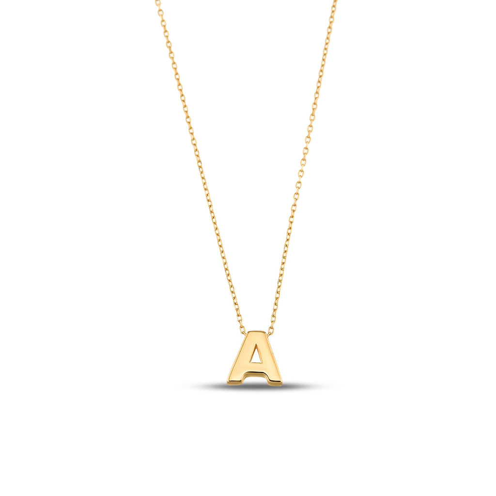 14K Gold Initial Letter Necklace, Solid Gold Letter A Pendant, Personalized Block Letter Charm, Gift for Her