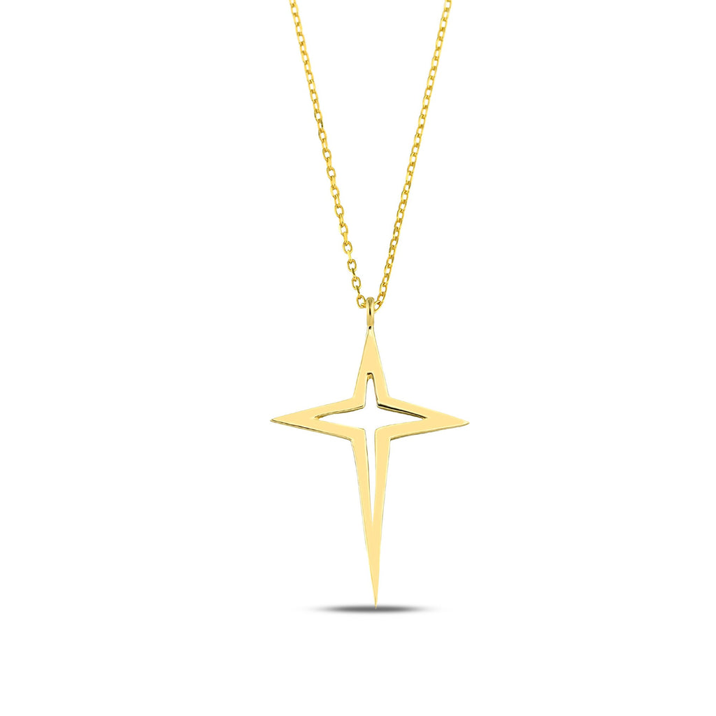 14K Gold North Star Necklace, Sparkle Star Cross Pendant, Open Star Charm, Modern Celestial Jewelry, Gift for Her