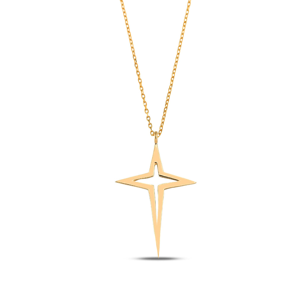 14K Gold North Star Necklace, Sparkle Star Cross Pendant, Open Star Charm, Modern Celestial Jewelry, Gift for Her