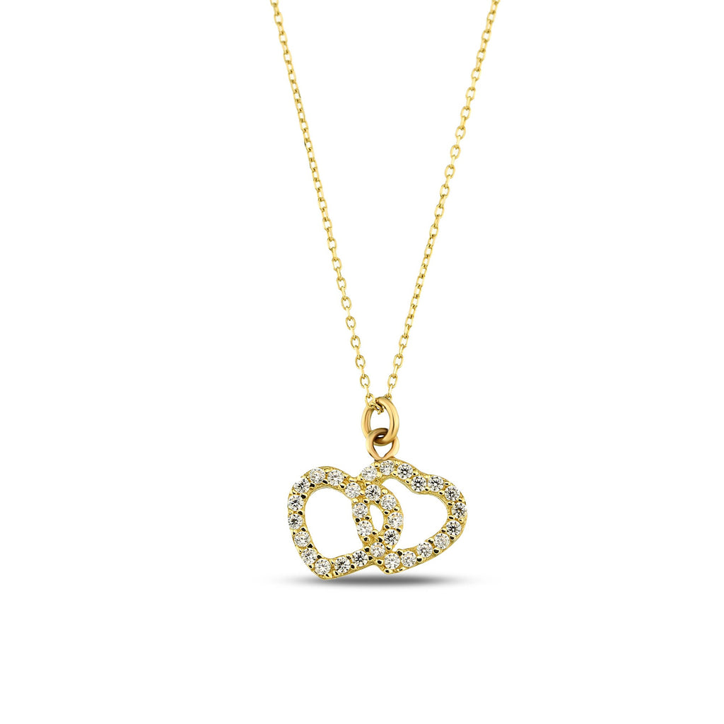 14K Gold Double Heart Necklace, CZ Interlocking Hearts Pendant, Linked Hearts Charm, Gift for Her