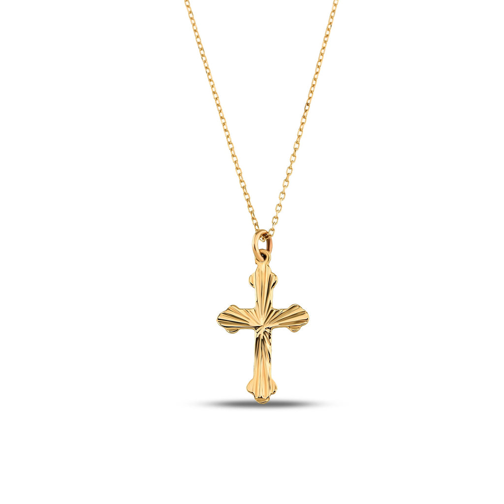 14K Gold Ornate Cross Necklace, Diamond Cut Scalloped Cross Pendant, Faith Charm, Baptism Confirmation Gift for Her
