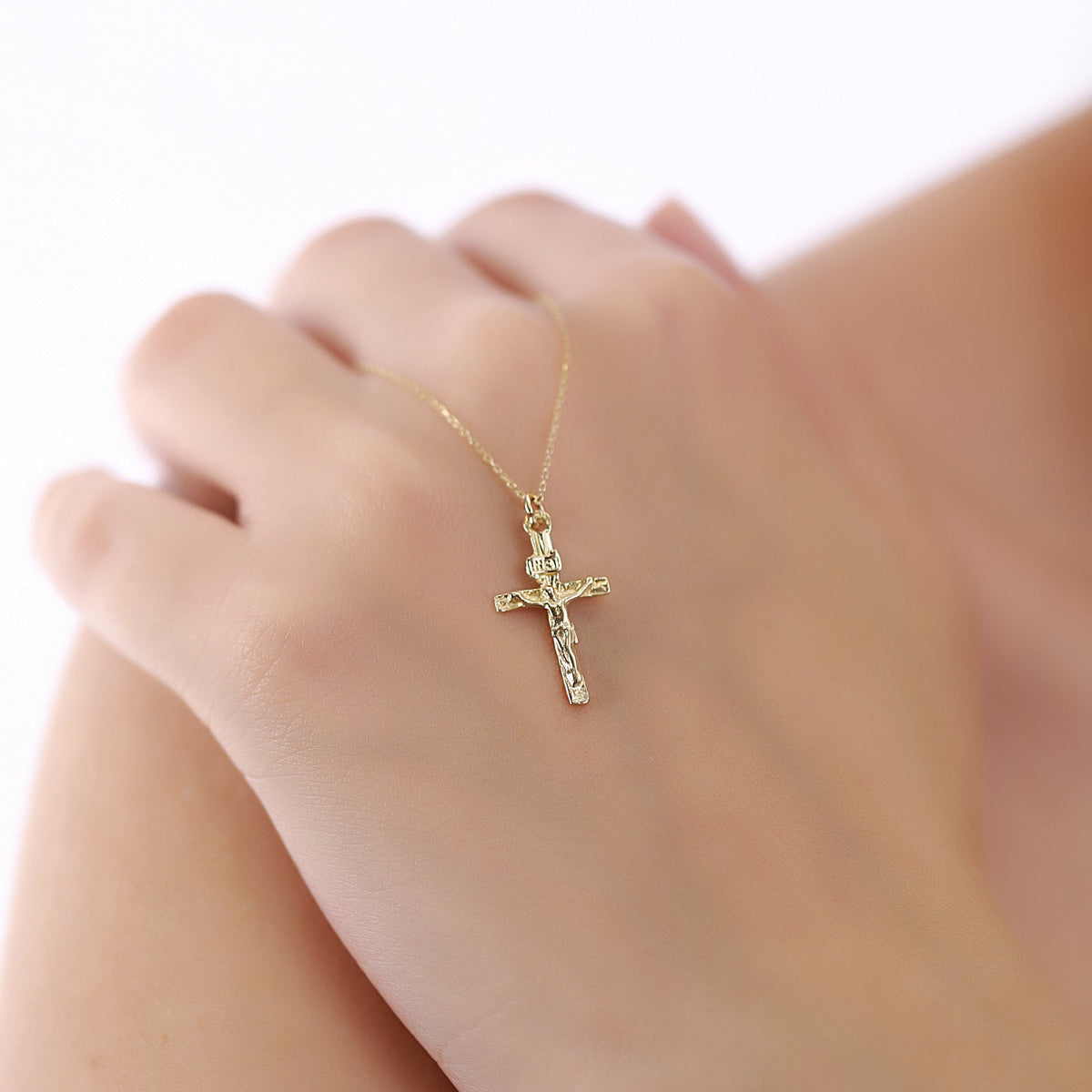 14K Gold Crucifix Necklace, INRI Jesus Cross Pendant, Traditional Catholic Charm, Faith Gift for Her